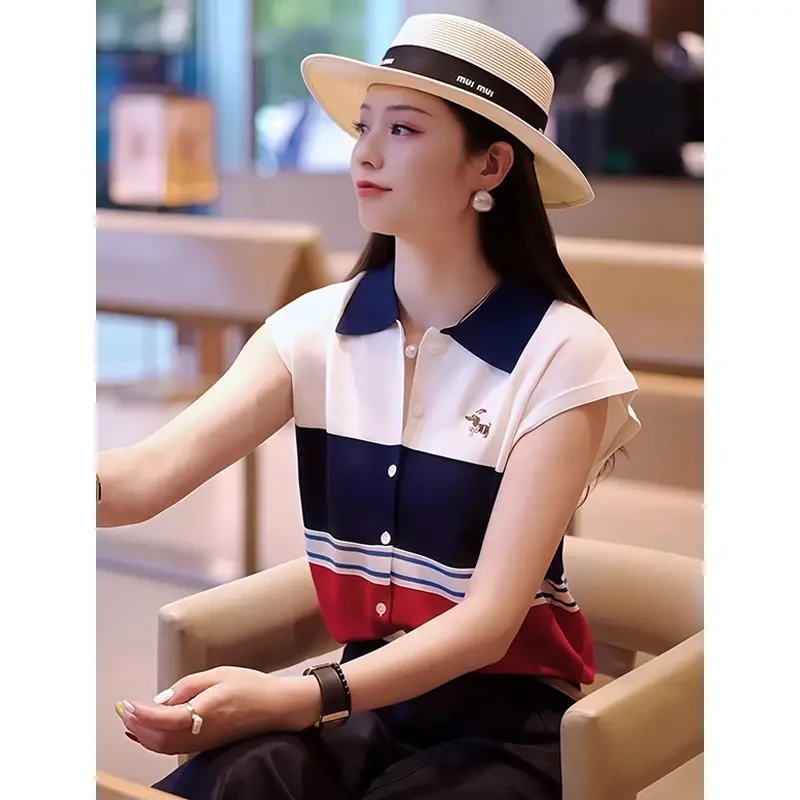 韩版时尚撞色条纹POLO领冰丝短袖T恤女夏季新款洋气小狗坎肩上衣