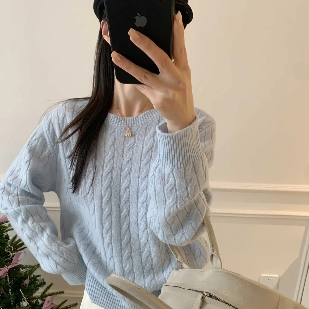 超高性价比！韩版简约麻花圆领套头绵羊毛保暖毛衣