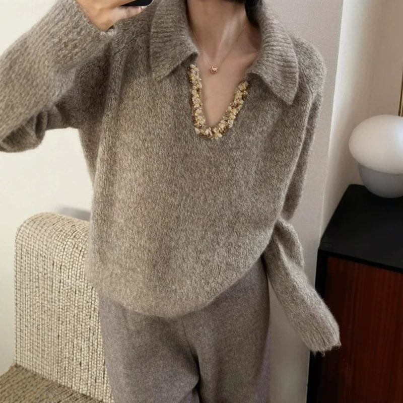 慵懒风翻v领亮片毛衣女秋冬加厚高级感软糯内搭针织衫超好看上衣