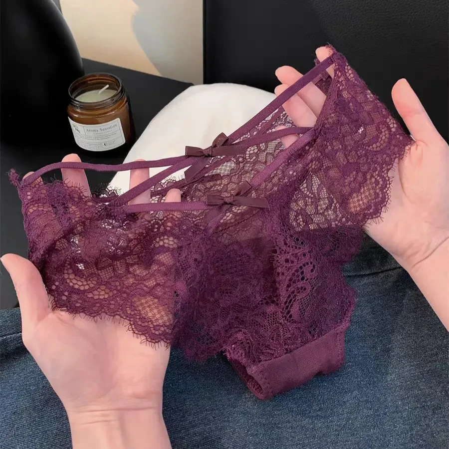 魅惑交织~女士性感纯欲紫色低腰绑带法式镂空蕾丝薄款网纱内裤女