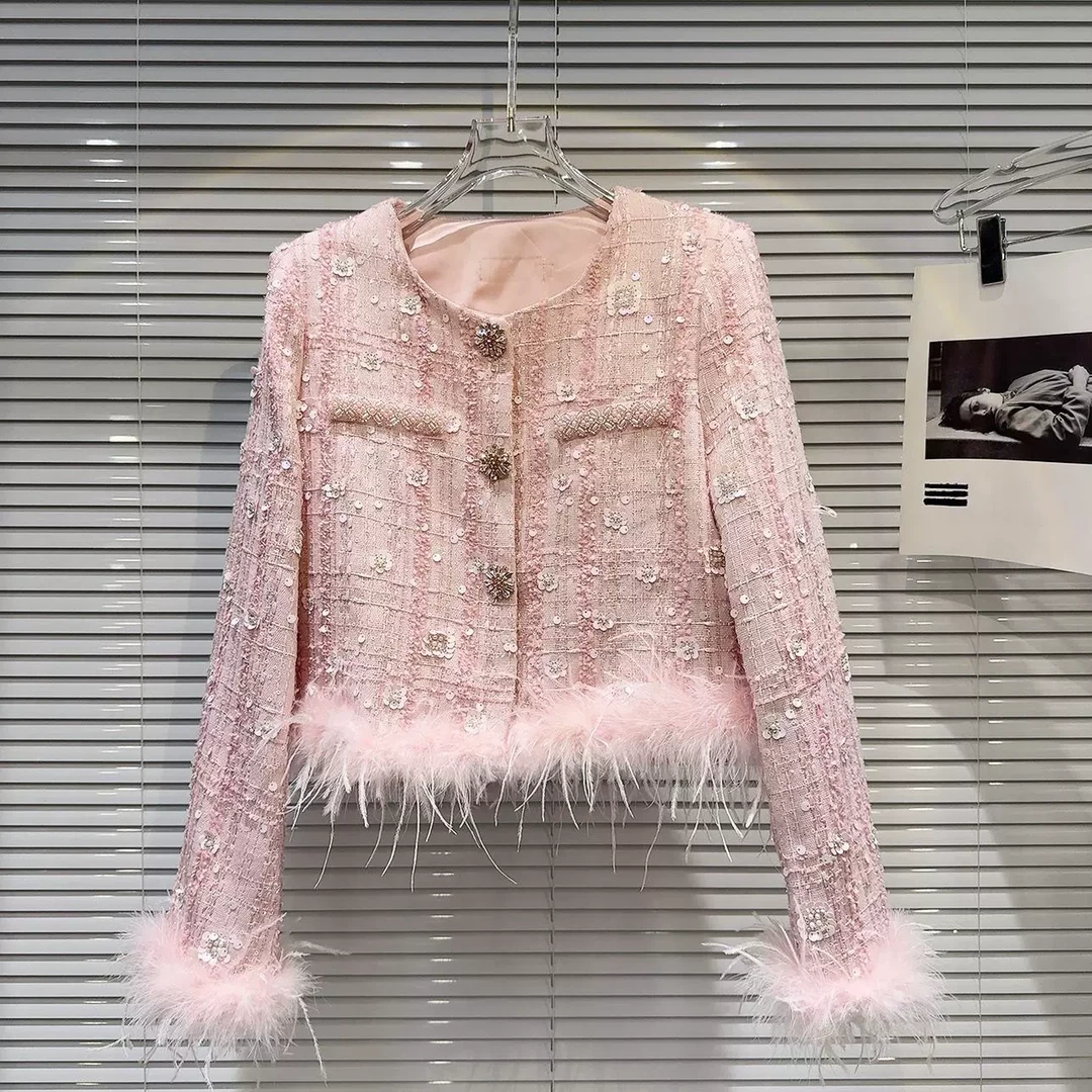 网红同款2025春季新款小香风羽毛毛边钉珠亮片名媛粗花呢短外套女