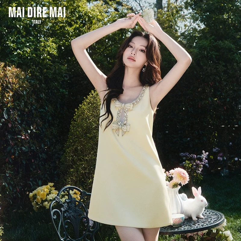 MAI DIRE MAI黄色钻链蝴蝶结千金宽松显瘦吊打连衣裙女夏优雅