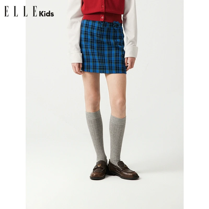 ELLE KIDS春夏款学院风蓝绿格纹女童爱心日字扣格子半裙C2