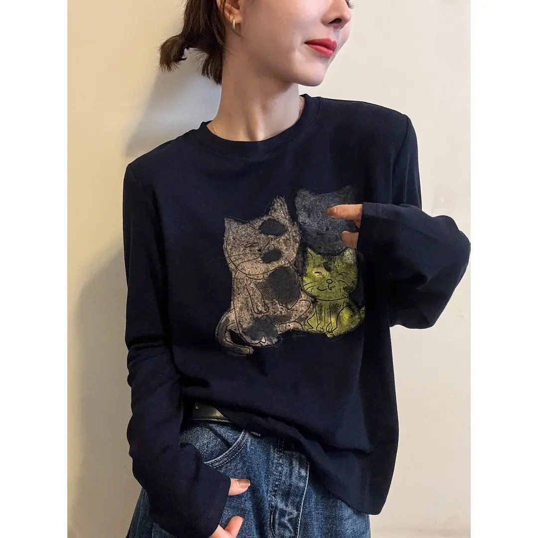 2025秋装新款小猫印花面膜长袖T恤女欧洲站欧货女装洋气打底衫潮