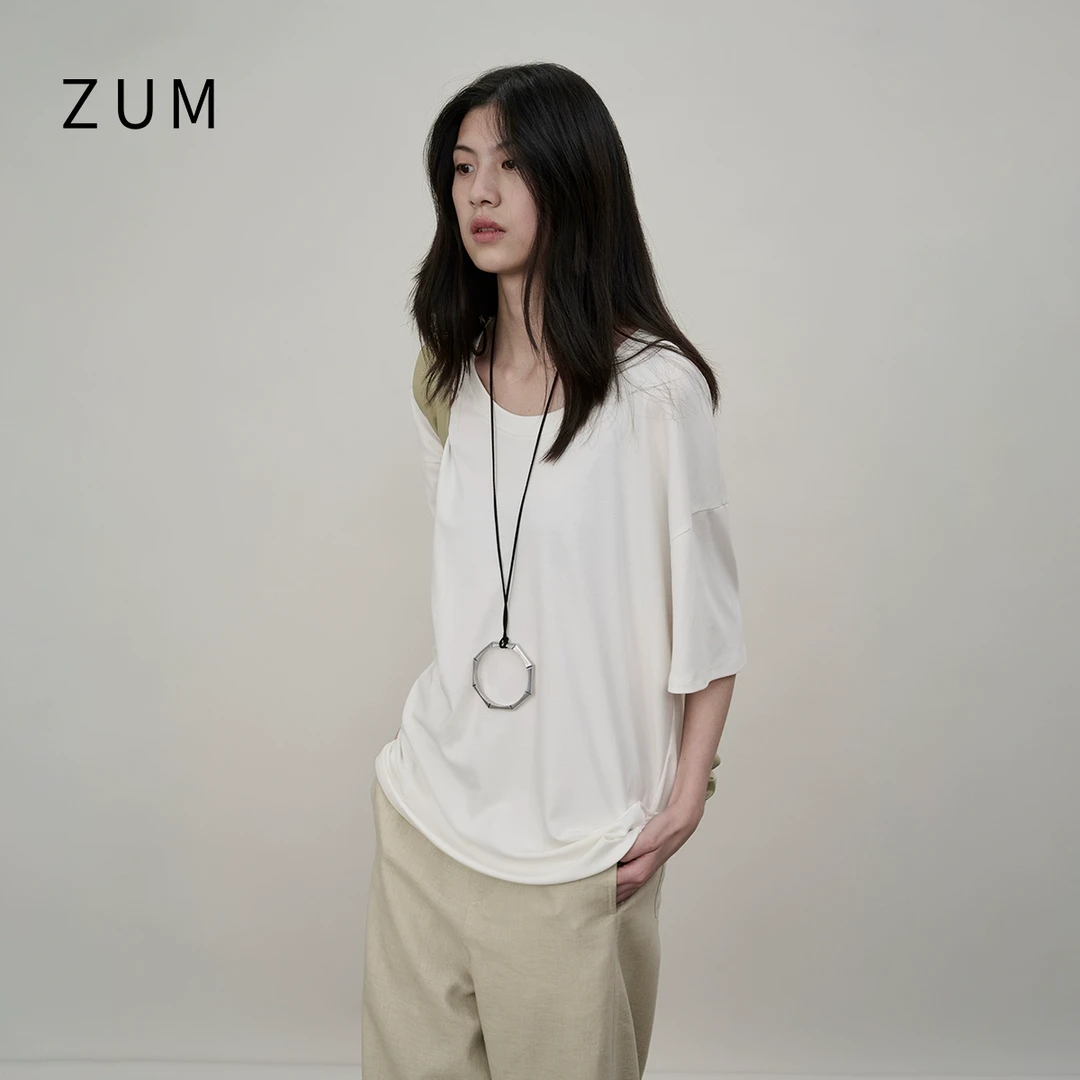 ZUM 白色打底T恤女春夏新款2025年U领舒适内搭透气短袖上衣松弛感