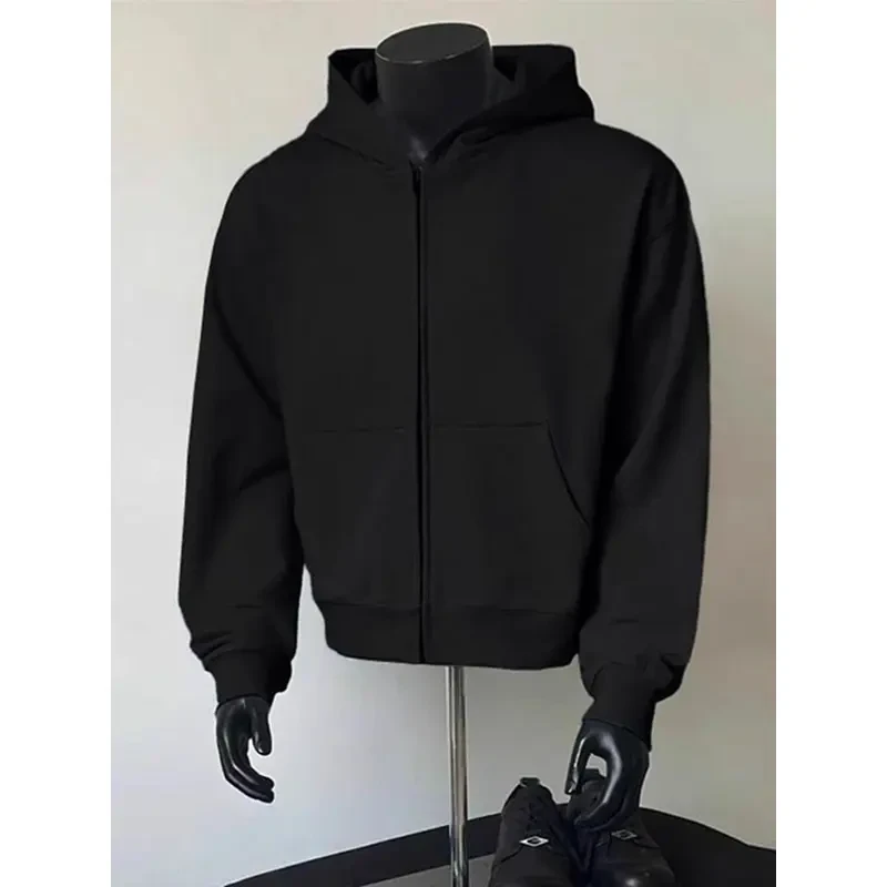 黑色美式短款卫衣男款连帽春秋重磅硬挺帽衫潮牌cleanfit开衫外套