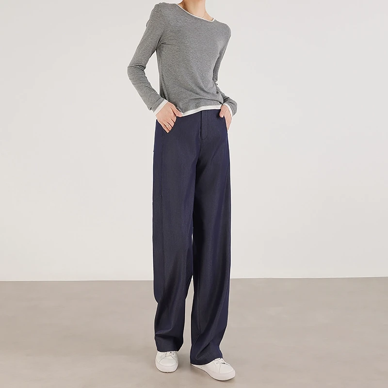 蓝色窄版牛仔阔腿裤女春季高腰垂感显瘦休闲裤宽松简约复古直筒裤