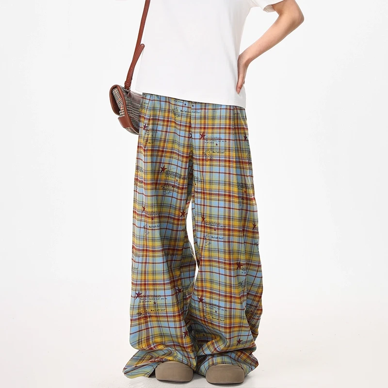 野生阿子美式复古格子裤女宽松阔腿垂坠感休闲裤字母印花潮牌裤子