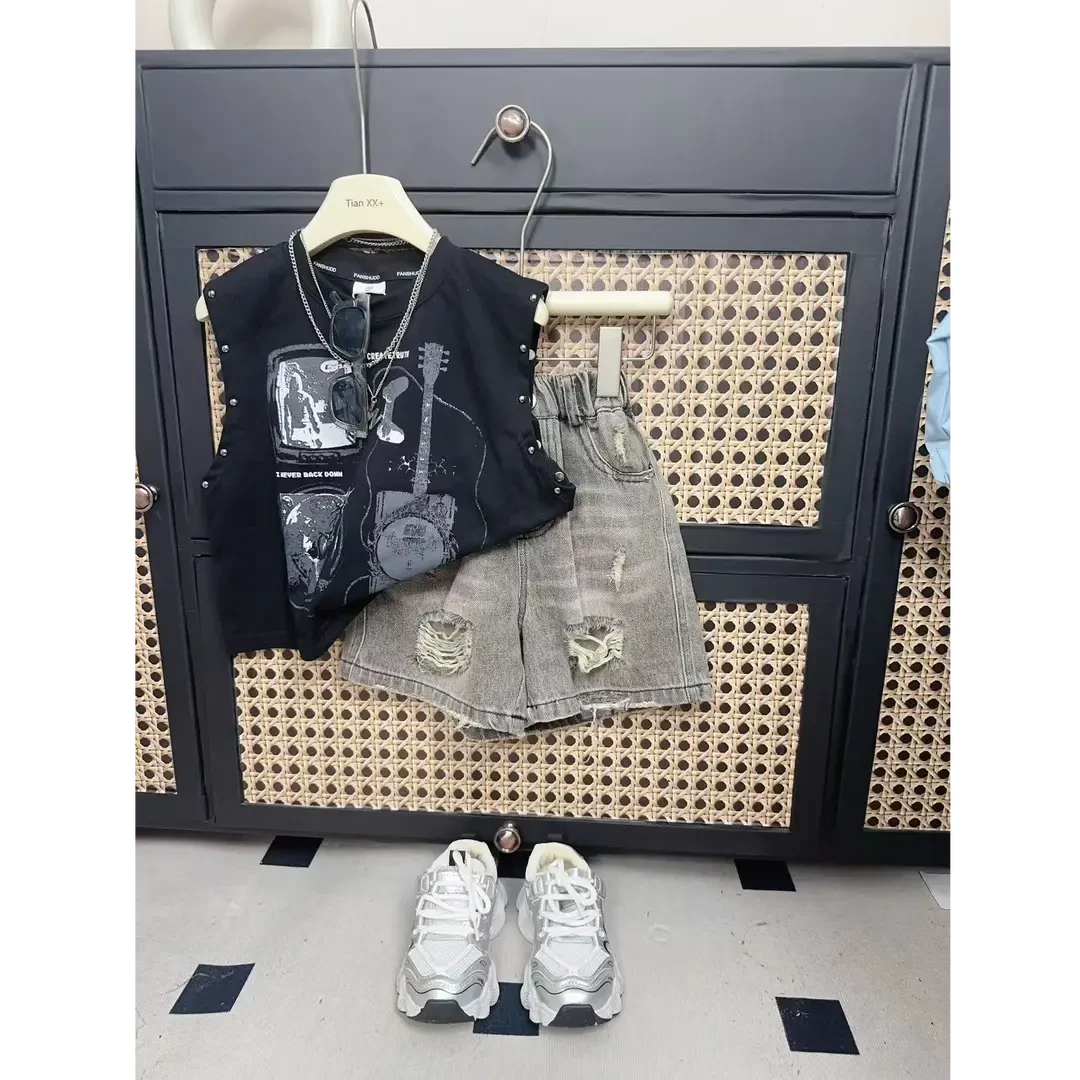 儿童夏季新款潮酷套装韩版时尚男童印花上衣美式两件套洋气潮