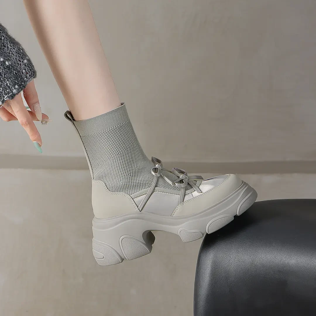 休闲百搭女鞋厚底机械针织弹力靴透气甜辣系带机能风袜靴显瘦7CM