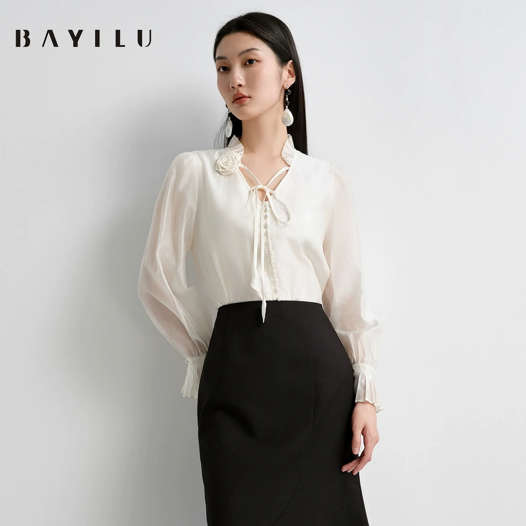 【今喜】芭依璐2025春季衬衫女法式v领纯色天丝衬衣91C0013