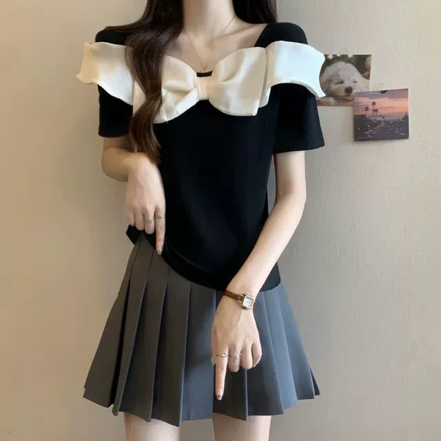 小香风蝴蝶结针织衫短袖女夏季2025新款大码胖mm法式方领黑色上衣