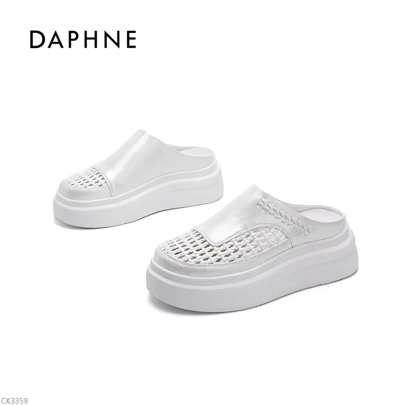 达芙妮新款厚底半包拖鞋女2025年夏季镂空编织复古透气时尚休闲鞋