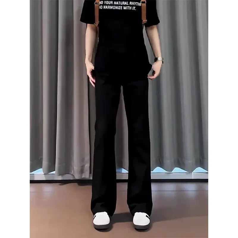 纯黑色弯刀软牛仔裤男夏季薄款美式vibe系皮带裤子高腰窄版微喇裤