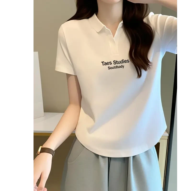 POLO领白色短袖T恤女欧货夏季高端设计感小众打底衫正肩短款上衣