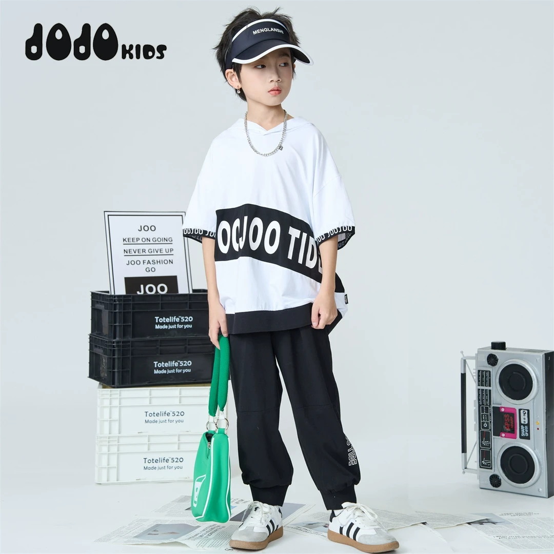 jojo童装春秋装新款男童半袖连帽T恤儿童百搭休闲套头T恤13112073