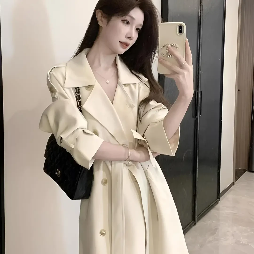 米白色高级感韩系风衣外套女2025新款英伦风收腰显瘦小个子中长款