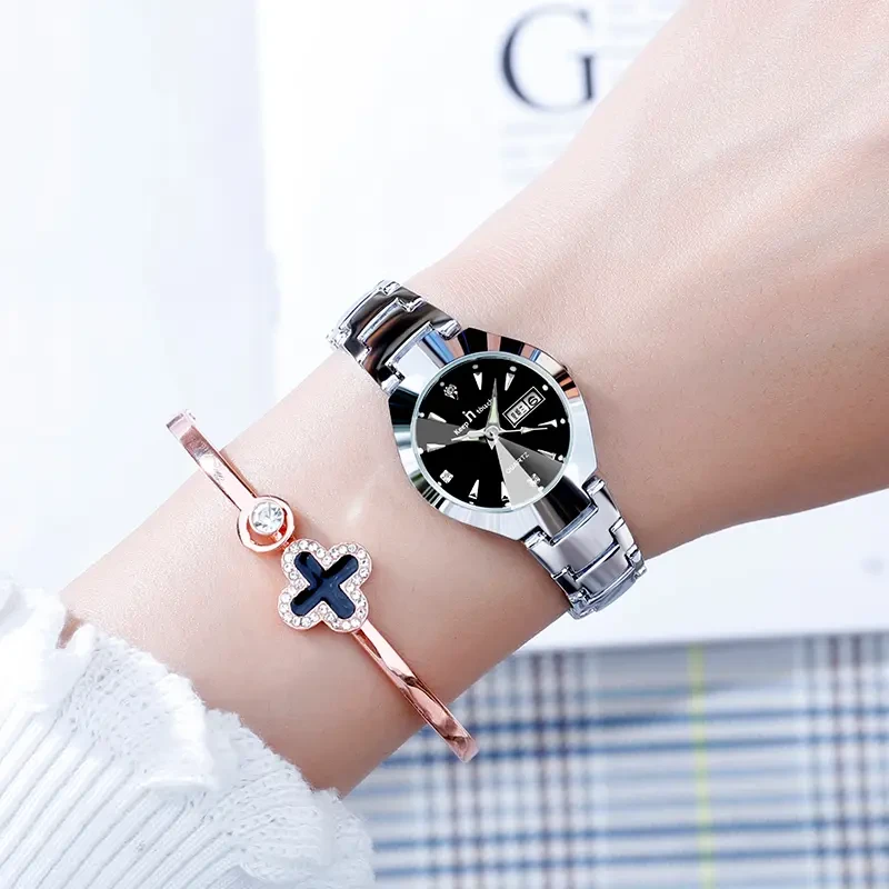 新款女士钨钢色石英潮流手表商务防水女表双日历手表女-8410