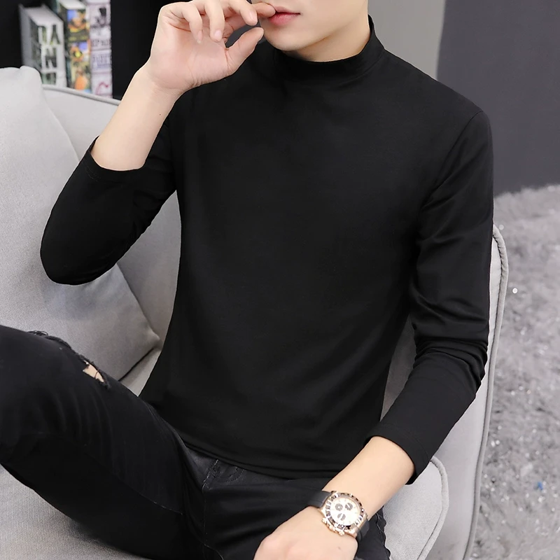 长袖t恤男纯黑色小衫秋季潮流修身半高领内搭打底衫纯女中领秋衣