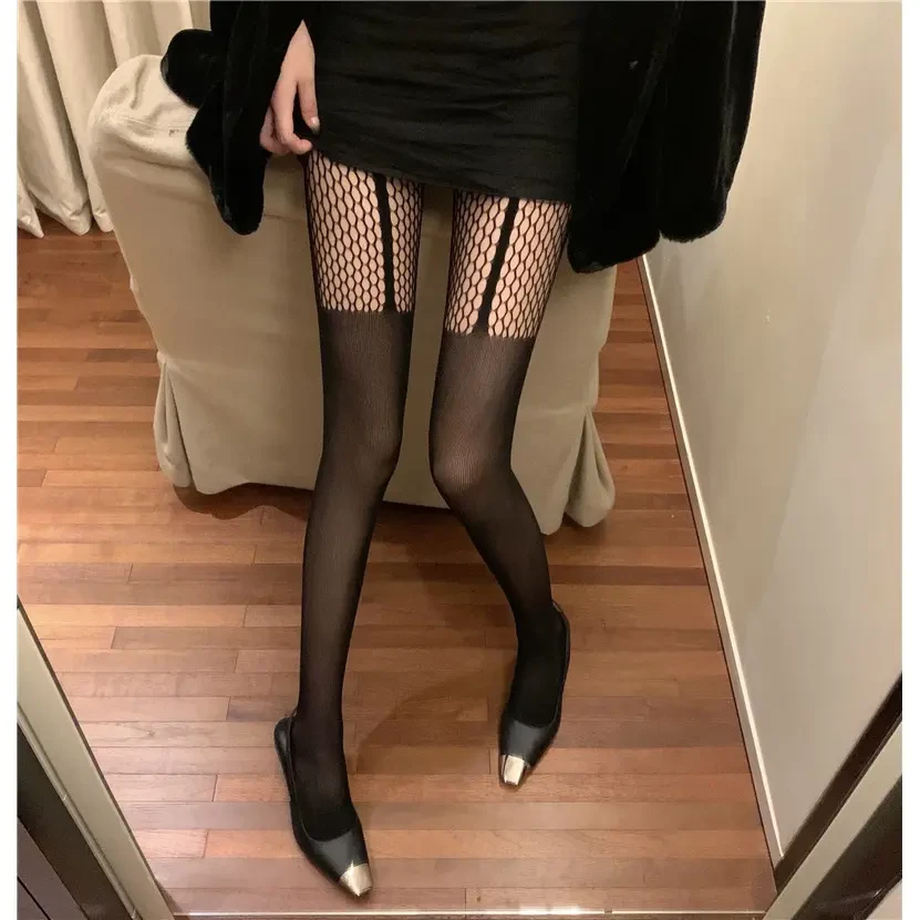 吊辣妹春欲风薄款过漆破洞提花连裤网格丝袜女夏季打底网红ins蕾