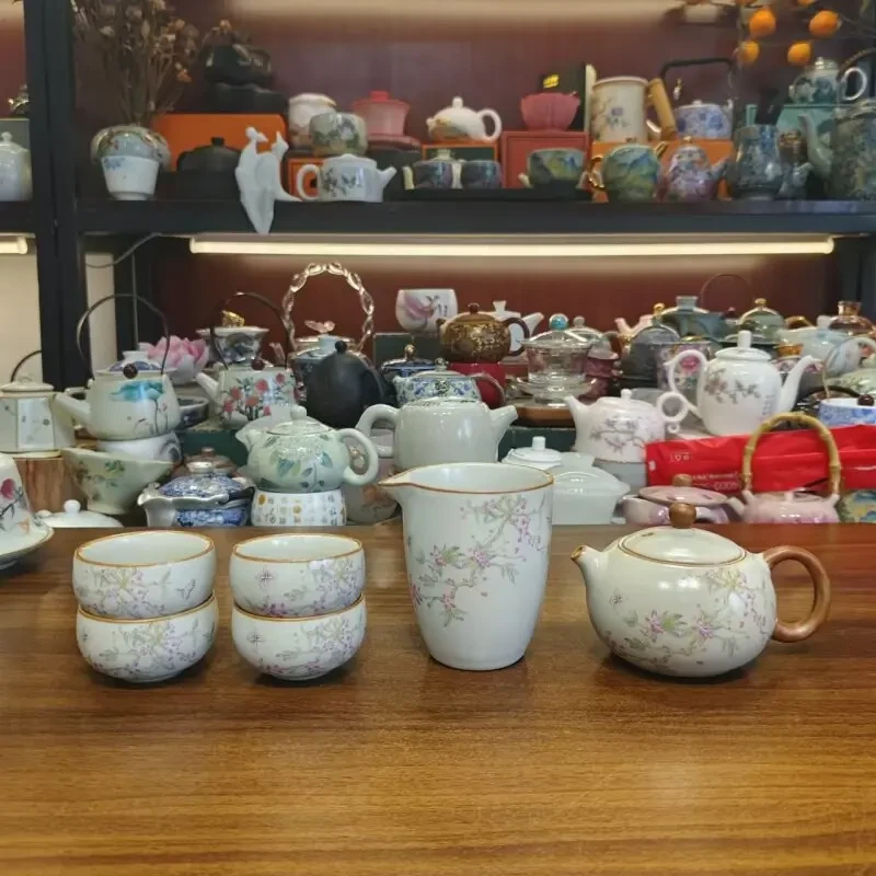 米黄汝窑锦上添花西施壶一壶四杯+公道杯+茶盘功夫茶具Z2366