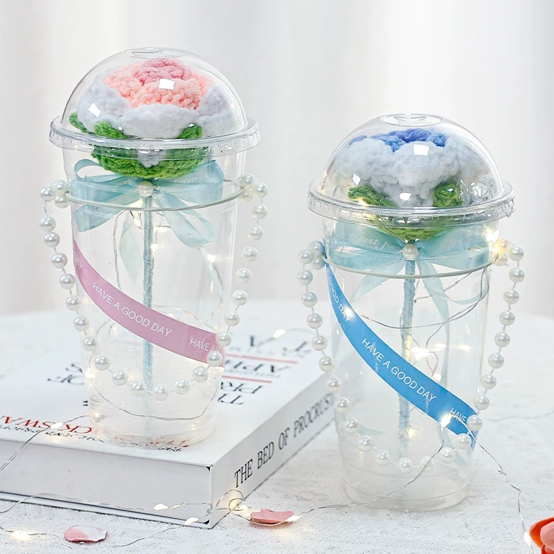 创意仪式感礼物珍珠杯玫瑰仿真编织毛线花单支送男女朋友闺蜜惊喜