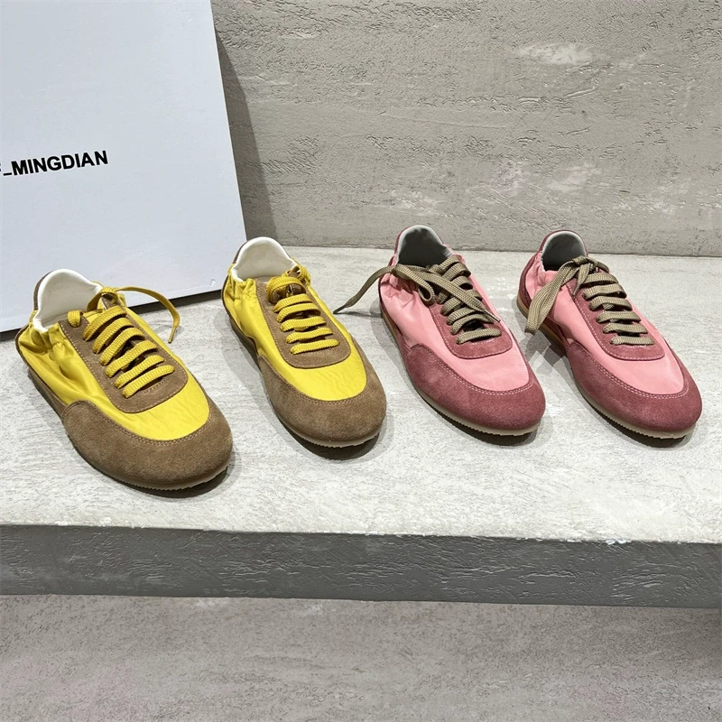 2025春新款欧货真皮沙丁布系带平底德训鞋休闲百搭阿甘鞋女191-1