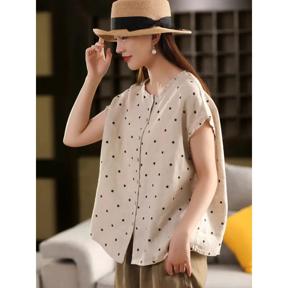 夏季复古波点衬衫女气质木耳领衬衣夏季短袖上衣女