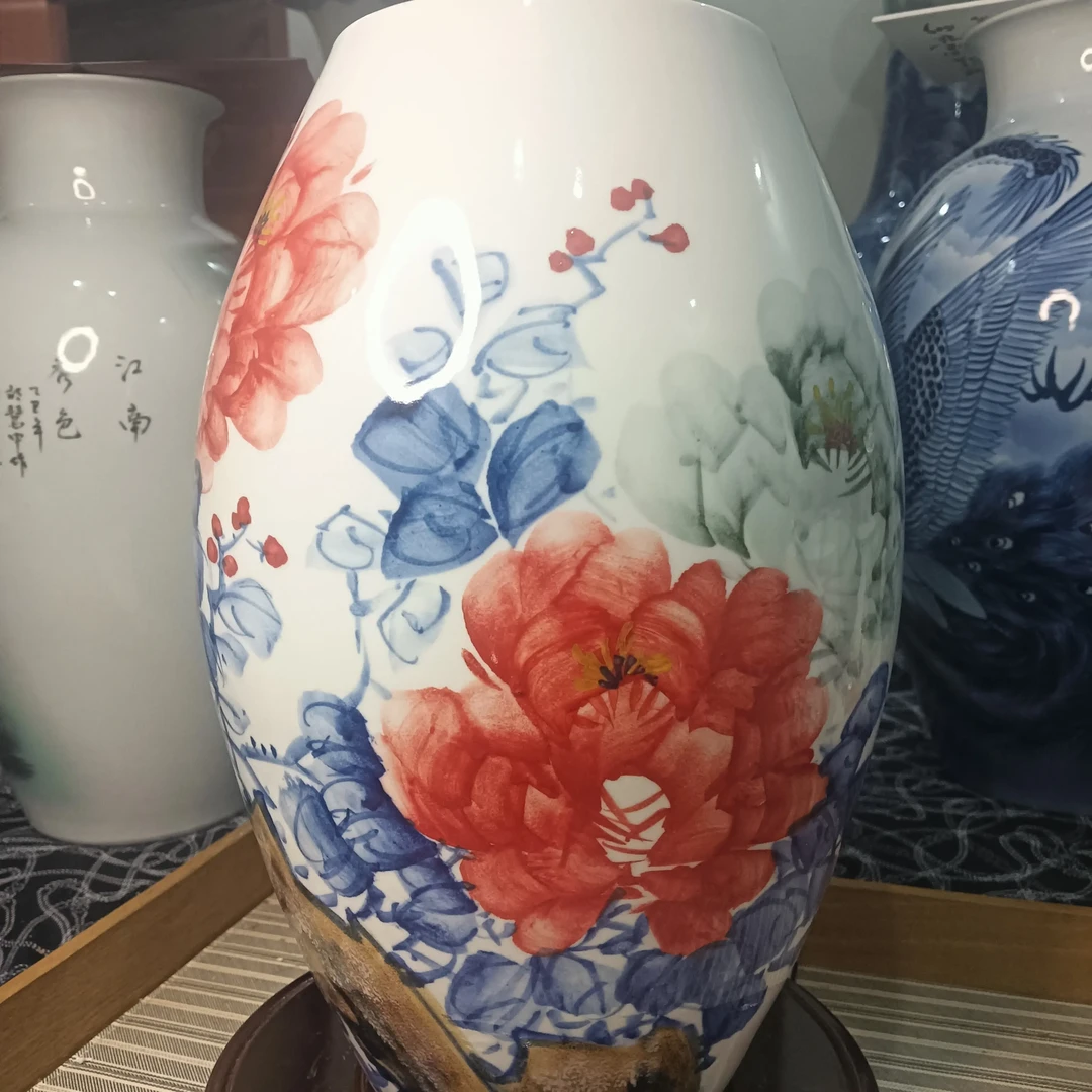 手绘高温釉下红中式陶瓷花瓶客厅玄关装饰摆件