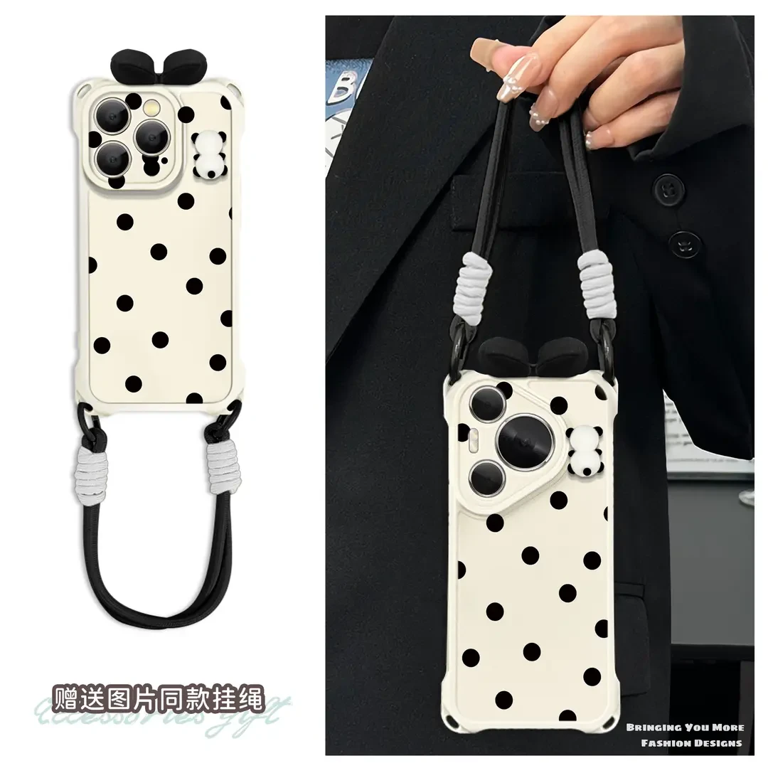 适用可爱熊猫于苹果16高级感创意四角挂绳手机壳华为OPPO小米VIVO