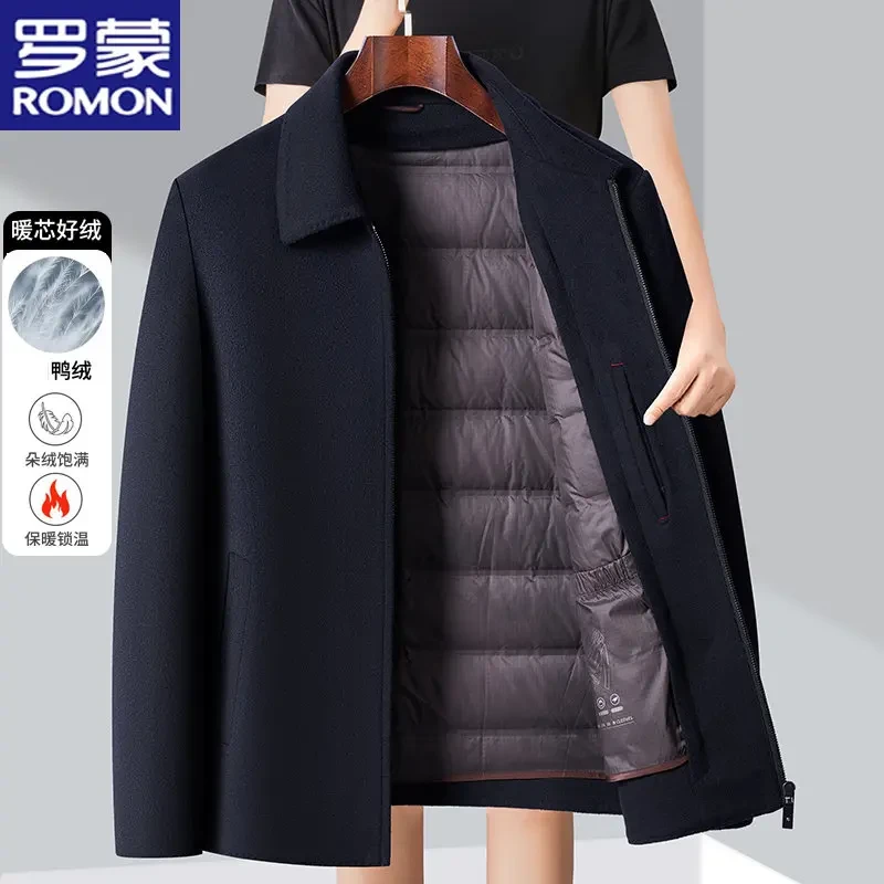 罗蒙冬季男士羊毛大衣新款加厚可脱卸鸭绒内胆商务中年保暖上衣男