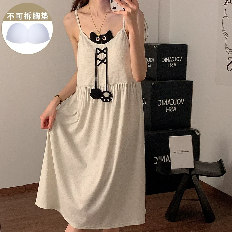 带胸垫睡裙女新款夏季莫代尔棉吊带黑色猫咪性感睡衣中长款家居服