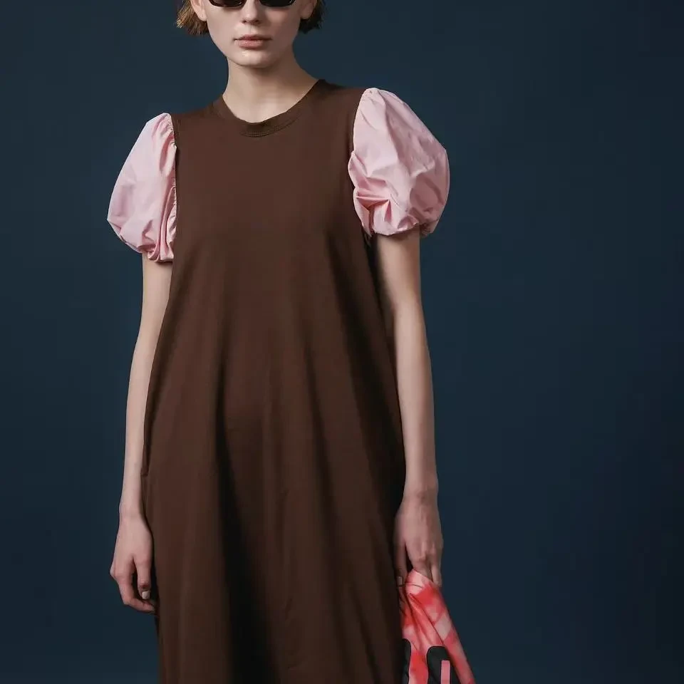 日系夏季新款日系甜美风格泡泡袖拼接连衣裙