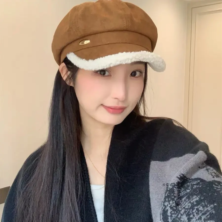 秋冬氛围感麂皮绒八角帽子女显脸小百搭复古