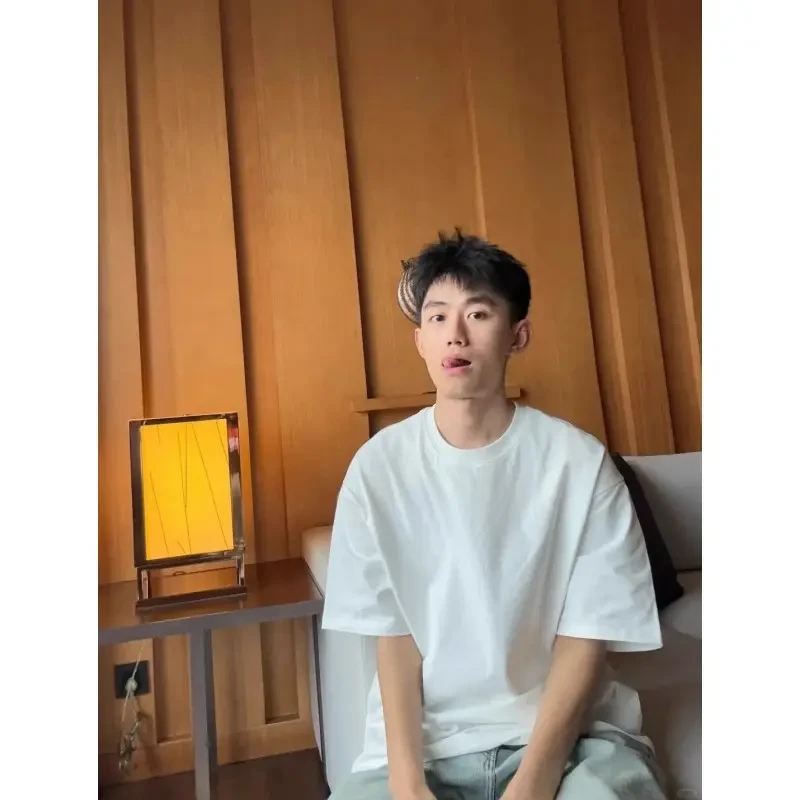 280g重磅纯白色T恤男夏季小领口三本针纯棉半袖运动健身正肩短袖