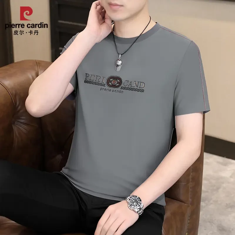 皮尔卡丹2025新款男士冰丝无痕圆领短袖休闲百搭字母烫钻夏季半袖