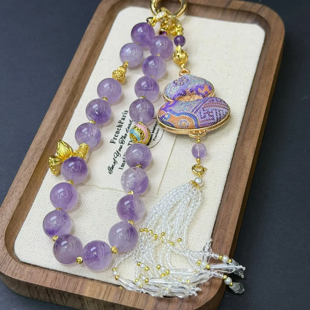 《泉妙》紫水晶车挂手工刺绣宫廷小清新款净化心灵12mm