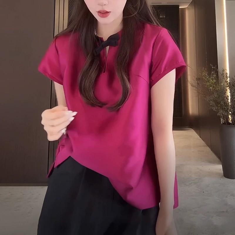 2025夏季火龙果色t恤女短袖新款宽松遮肉减龄时尚显瘦蝴蝶结上衣