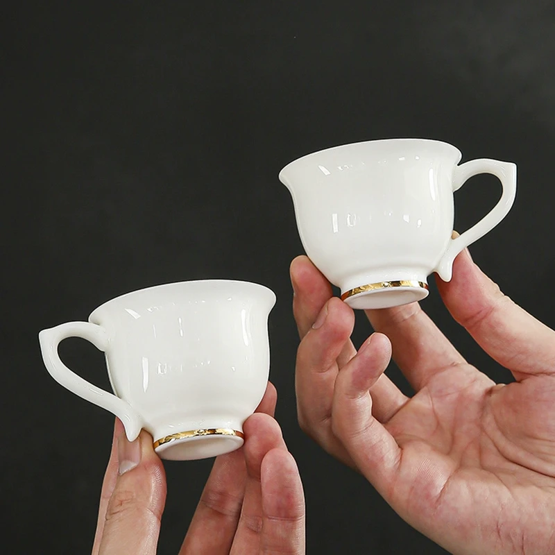 中式羊脂玉6只装功夫小茶杯中国白陶瓷有耳带把防烫泡茶杯茶盏