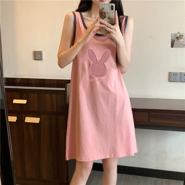 纯棉无袖背心睡衣女生100%全棉中长款睡裙学生甜美可爱外穿家居服