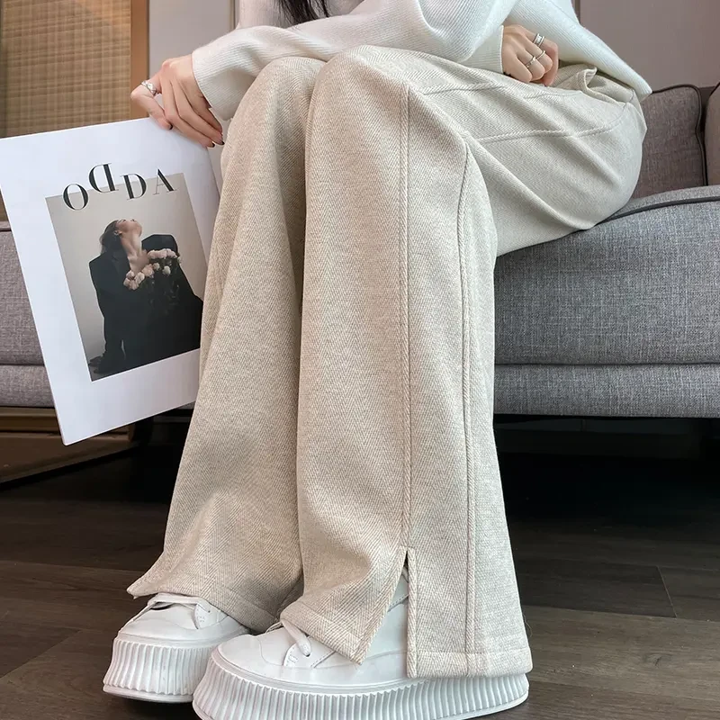 2025新款人字纹毛呢开叉香蕉阔腿裤女秋冬季九分大码直筒休闲裤女