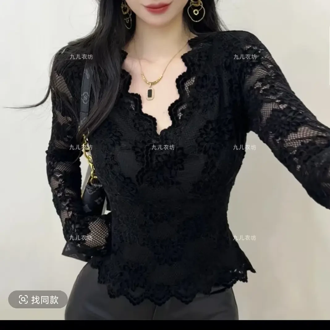 新款高级感V领磨毛加绒蕾丝修身显瘦打底女上衣