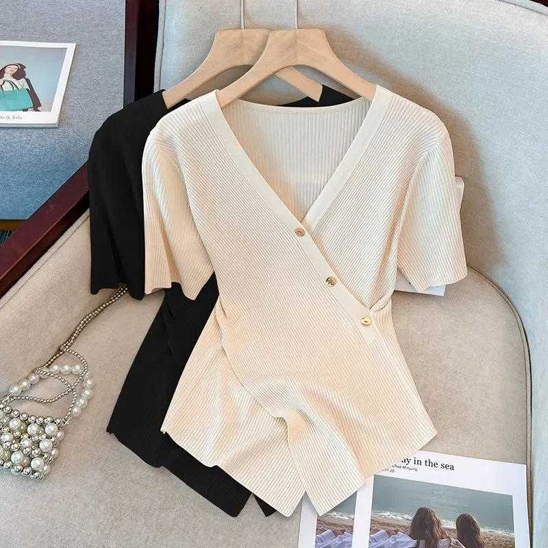 大码微胖MM时尚百搭气质短袖针织衫女夏季新款遮肉显瘦设计感上衣