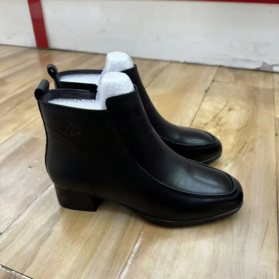 头层牛皮方头妈妈秋冬加绒保暖低跟舒适百搭皮鞋