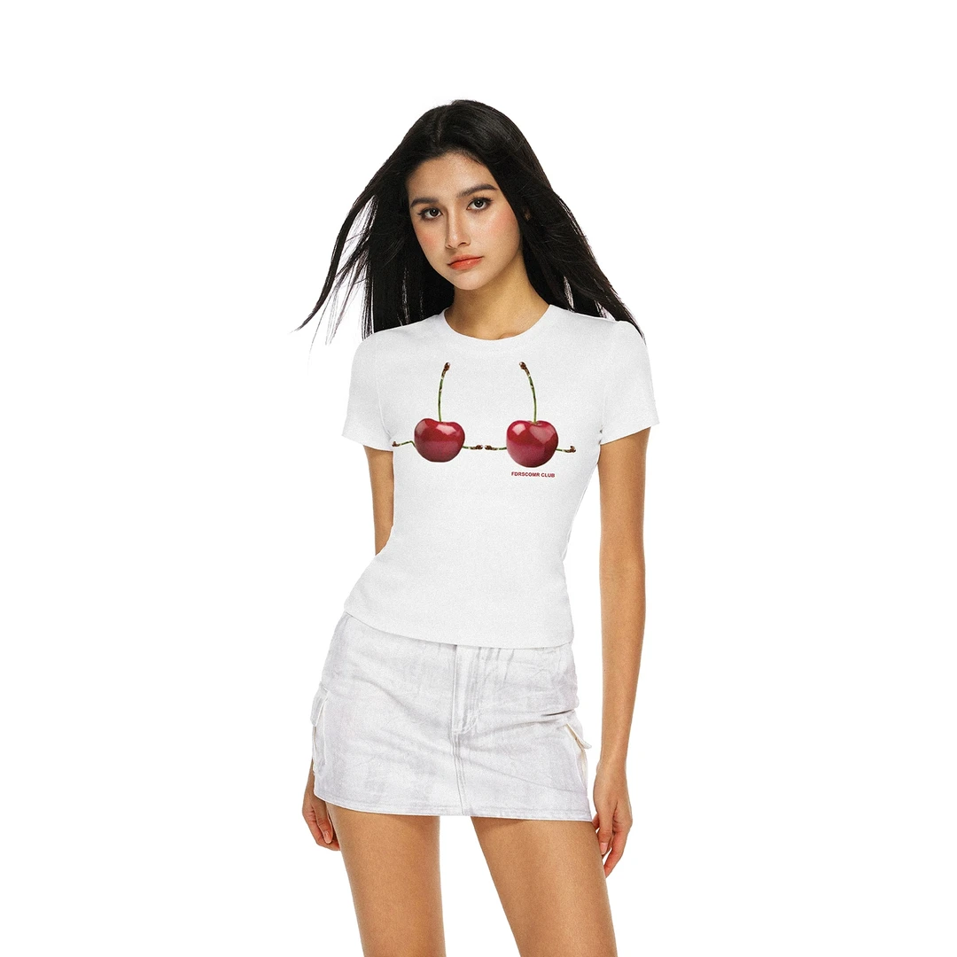 FDR官方店 樱桃印花修身短袖T恤女夏季圆领显瘦体恤上衣