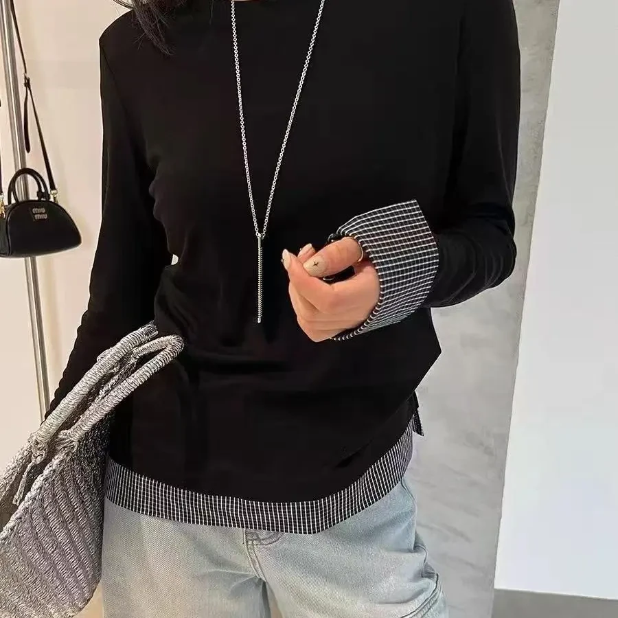 2025小众拼接袖假两件收腰设计T恤女修身短款内搭打底长袖上衣