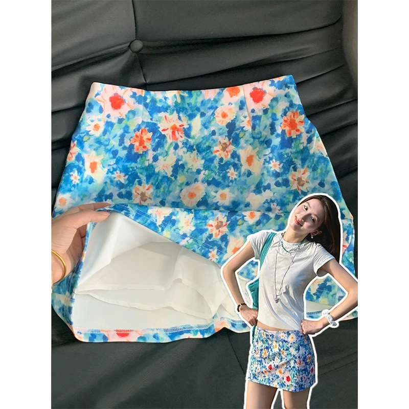 油画a字碎花半身裙女夏日蓝色短裙子多巴胺海边穿搭绝美包臀半裙