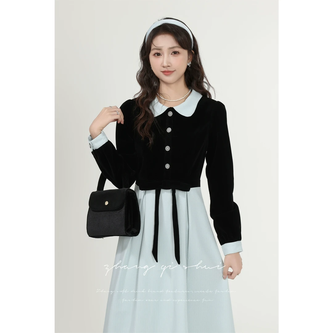 张小小《蓝风铃》法式黑色娃娃领设计感长袖连衣裙ZQS06209