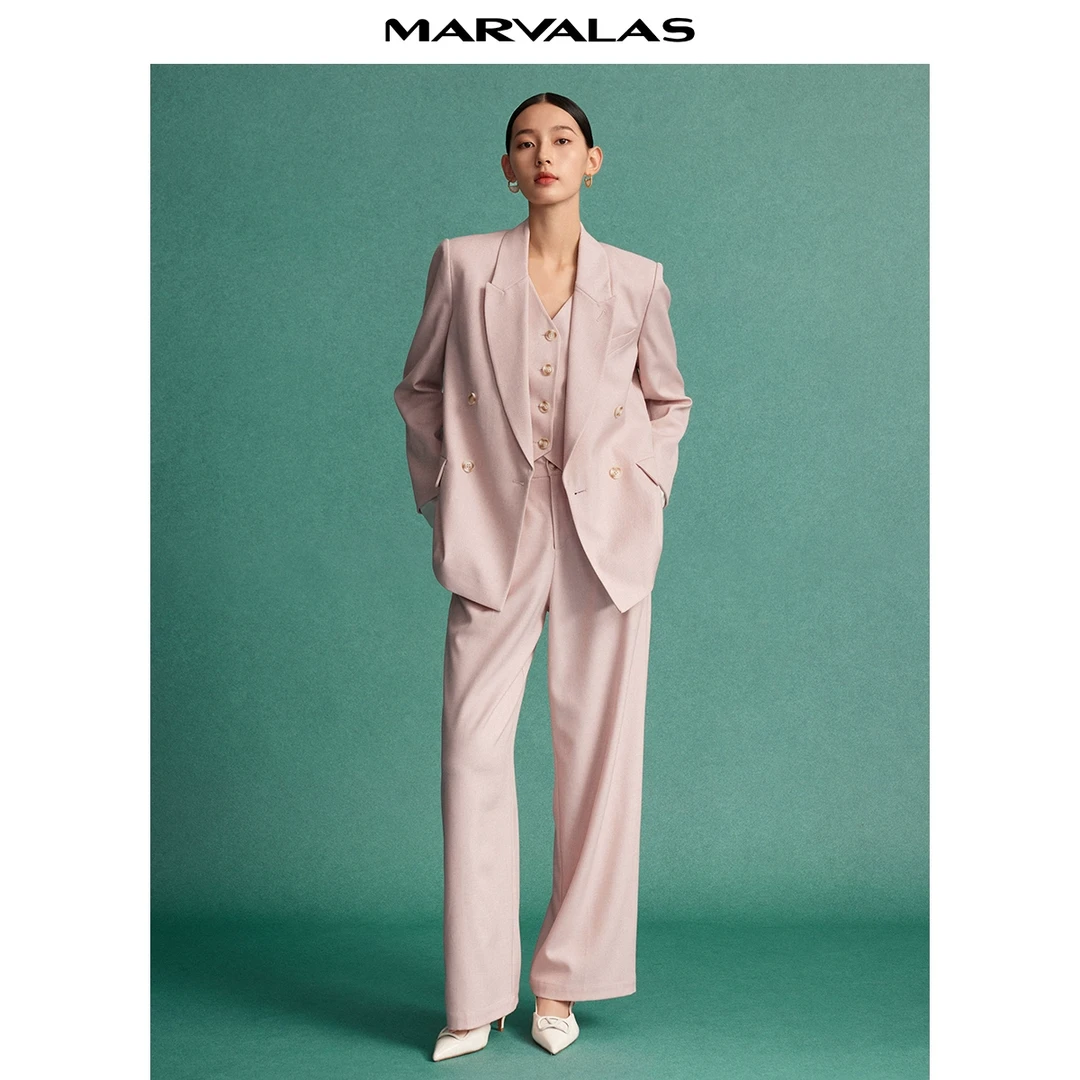 曼德诗纯色气质西装2024春装新款亚麻混纺优雅质感双排扣西服外套