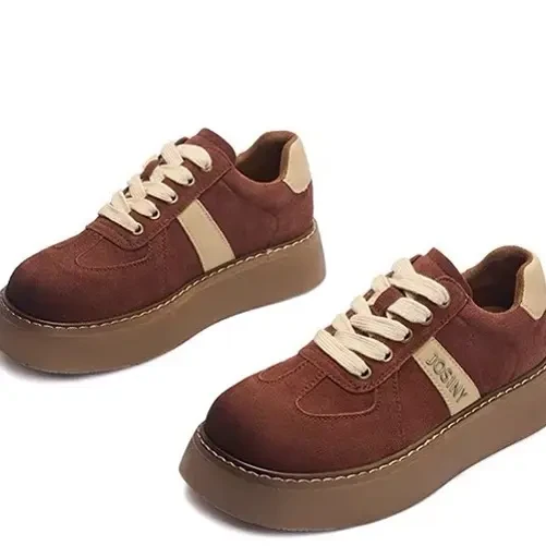 569241厚底板鞋女春秋休闲复古百搭增高系带磨砂软底德训鞋